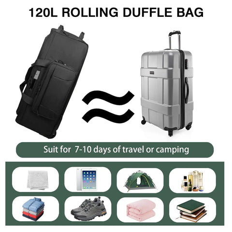 Rugged 120L Rolling Duffle Bag With Wheels For Travel And Camping beside standard suitcase, showcasing capacity and versatility.