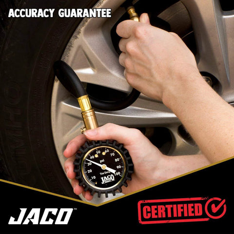 JACO ElitePro tire pressure gauge used on car tire with brass nozzle and black hose, 100 psi dial