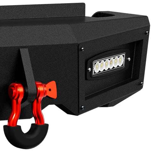 Close-up of a rear step bumper for Ram 1500 with 4x18W LED lights and 9,500 lb D-ring.