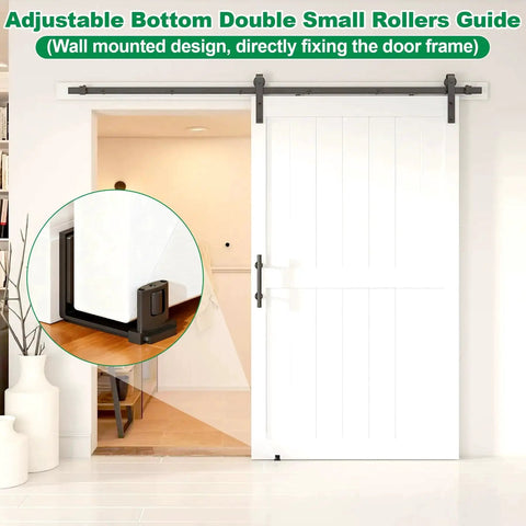 Sliding Barn Door Floor Guide And Wall Mount Set with Adjustable U Shape and double pulley on white barn door