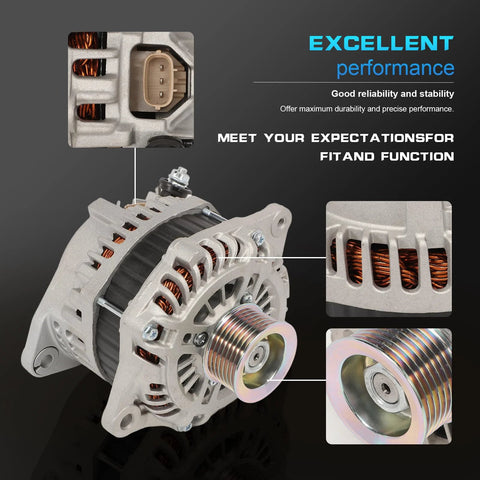 Beefed-Up 7-Groove 12V Alternator Replacement with pulley and connector details for 2013-2017 Pathfinder, Murano, QX60, JX35.