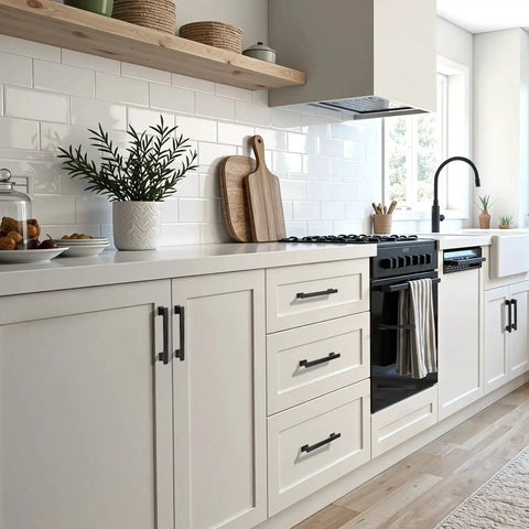 10 Pack Matte Black Solid Cabinet Pulls 5 Inch Center to Center installed on white kitchen cabinets with zinc alloy construction