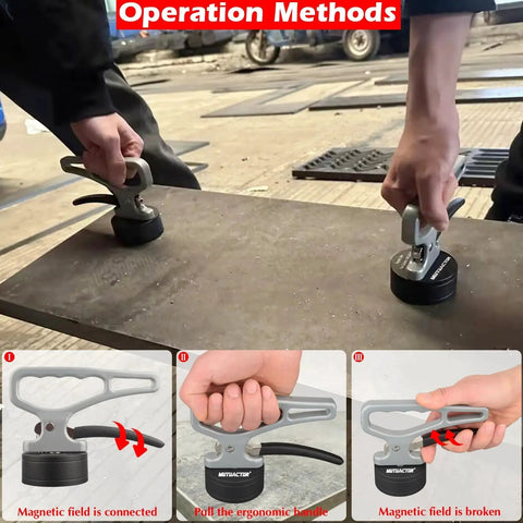 Retractable Neodymium Magnetic Pickup Tool With Release Handle For Iron Plate in use showing operation methods on a metal sheet