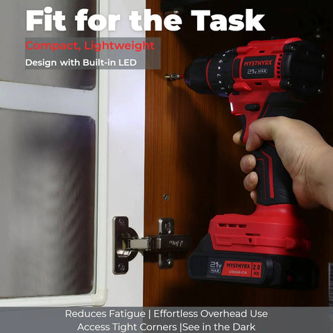 21V Max Brushless Cordless Hammer Drill Driver Kit With Two 2.0Ah Batteries being used to install a cabinet hinge