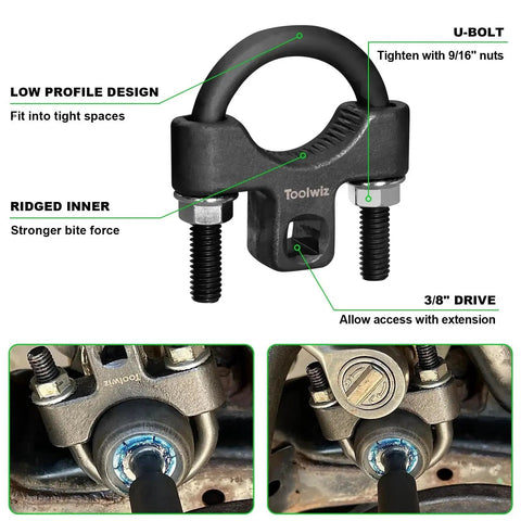 Inner Tie Rod Removal Tool Kit Three Eighths Low Profile Wrench 27 To 42mm showing U-bolt design and 3/8 inch drive usage.