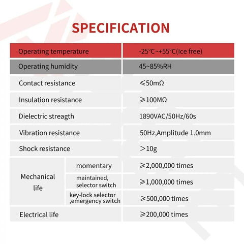 Specification chart for Two Pack 22mm Momentary Push Button Switch Red And Green 1NO 1NC Metal Head XB2-11BN-G&R SPST 660V 10A
