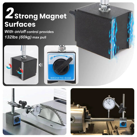 Pro Grade Dial Indicator With Magnetic Base And Point Precision Inspection Set Long Arm Dial Test Indicator 0 To 1 Inch Range 0.001 Inch Resolution Magnetic Base Holder With Fine Adjustment Blue, showing magnetic base with on/off control in use on saw blade and lathe.