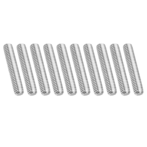 Ten 3/8-16 UNC Fully Threaded Stainless Steel Rods 2In arranged in a line, viewed from the side