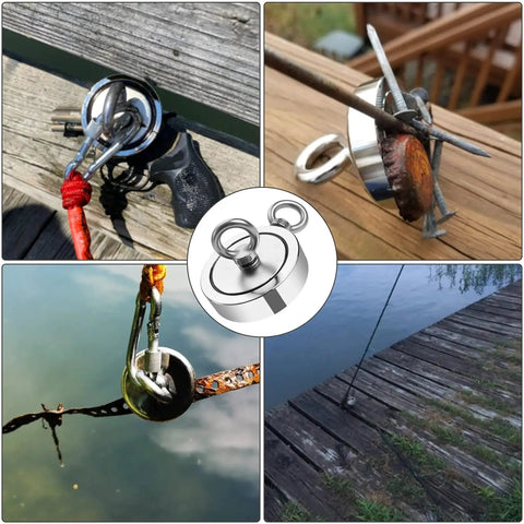 Collage showing 1725LB Heavy Duty Magnet Fishing Kit With Double Sided N52 Neodymium Magnets in various use scenarios
