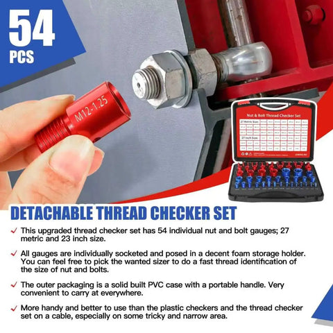 54 Piece Nut And Bolt Thread Gauge Set With Individual Foam Housed Case For Quick Inch And Metric Size Identification Ideal For Tight And Narrow Spaces Durable Build Handy For Fast D I Y And Pro Workshop Use, showing red gauge in hand and organized case
