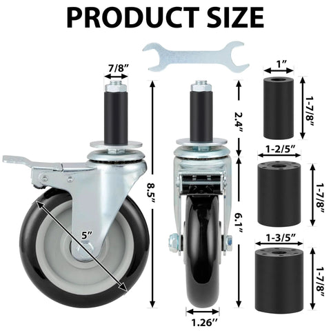 Five Inch Prep Table Casters Set Of 4 Heavy Duty Expanding Stem Wheel Casters With Brakes Fit 7/8 Inch to 1-5/8 Inch Tube Legs