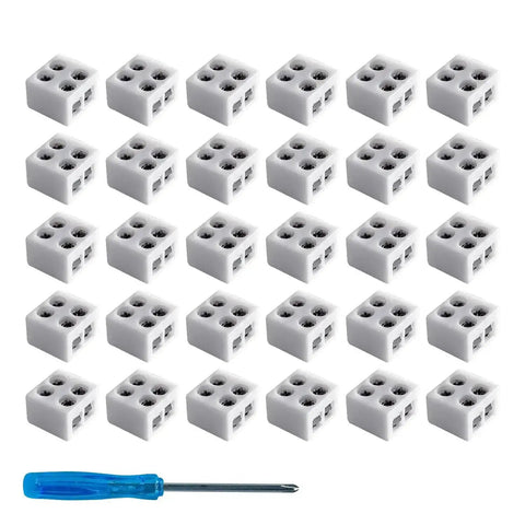 30 Pack Solderless LED Tape Light Connectors With Screw Terminal Blocks 2 Pin 10mm, Includes Screwdriver, Wire To COB Strip Connector