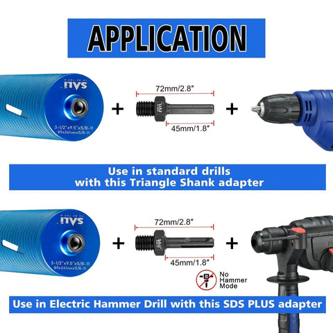 Diamond Core Drill Bit Set For Concrete Masonry, 2 1/2 Inch Diameter, 10 Inch Drilling Depth, 5/8-11 Thread application guide