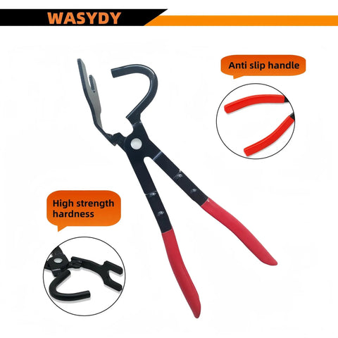Exhaust Hanger Removal Tool With Rubber Bracket Pliers shown with red anti-slip handles and high strength hardness material.