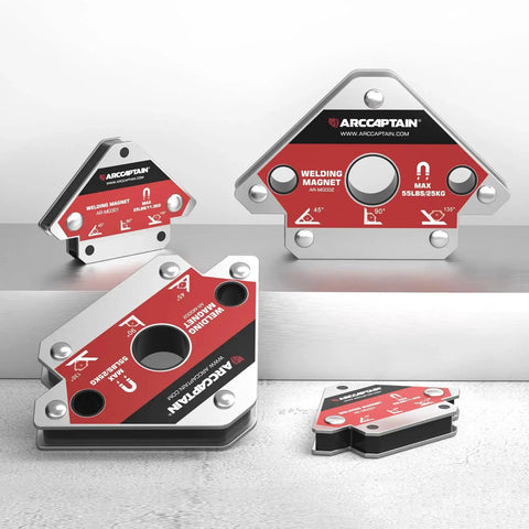 Heavy Duty Welding Magnets Set For Secure Joints With 25 Lb And 55 Lb Strength, Four Piece Magnetic Welding Holder Set For 45 Degree, 90 Degree, And 135 Degree Angles, Built For Quick Setup And Strong Holding Power By ARCCAPTAIN displayed on a surface