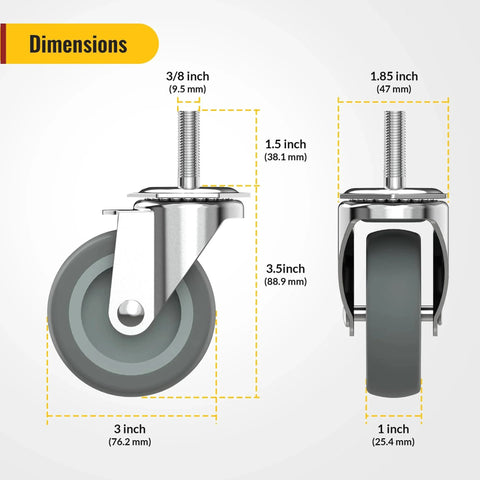 3 Inch Swivel Caster Wheels With No Brake, 3/8 Inch 16 UNC X 1 1/2 Inch Stem, Steel Housing, Dimensions Shown