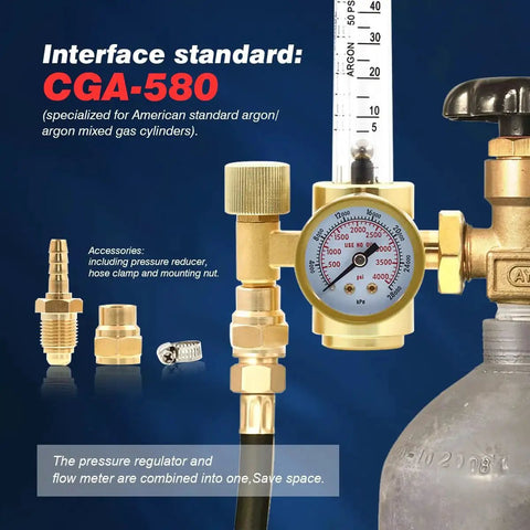 MIG TIG Gas Flow Meter Regulator CGA580 0-60 CFH for Argon and CO2 welding, showing gauge, hose fittings, and mounting accessories