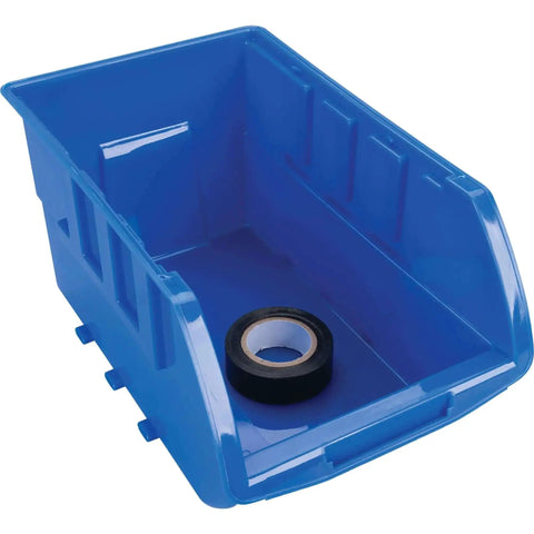 Close-up of a blue removable bin from the Half Bulk Bin Storage Rack With 32 Removable Bins For Easy Garage Organization