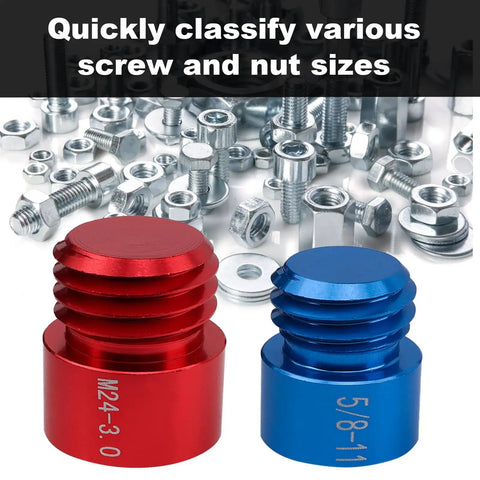 Close-up of two thread gauge tools from the 44 Piece Nut And Bolt Thread Checker Kit With 21 Metric And 23 Inch Gauges For Tight Spots, Thread Gauge Tool For Inspecting Bolts And Threaded Holes, Foam Storage Case.