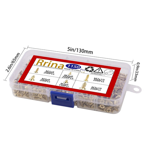 Gold Plated M2 And M3 Tiny Screws Kit Pro Grade 1150Pcs Self Tapping Phillips Flat Head Screws in a clear plastic box with size labels