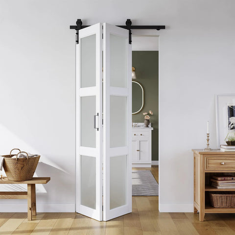 36x84 Inch White Bifold Barn Door With Hardware Kit Included Pre Drilled Holes For Easy Assembly Water Proof PVC Surface