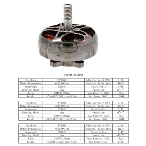 Eco II 2807 Brushless RC Motors Set For FPV Racing Drones, 4 Pack, metal motor with multi-strand winding and specifications