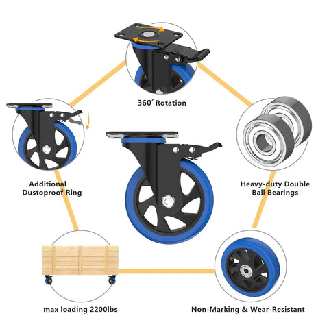 Diagram of 5 Inch Caster Wheels With Brake Set Of 4 Beefy Heavy Duty Swivel Top Plate Casters showing components and features