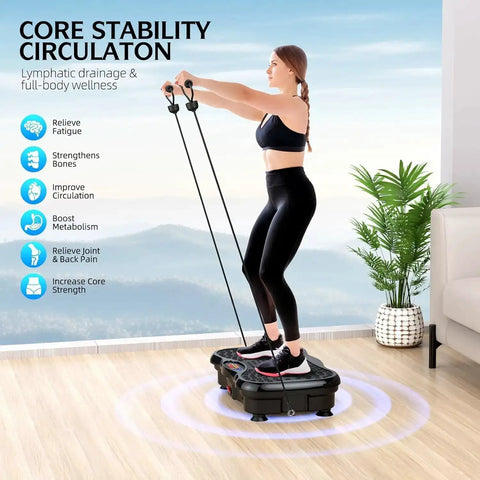Woman exercising on Vibration Plate Exercise Machine With Bluetooth And Remote Control, 1 To 999 Speed Settings, in home gym.