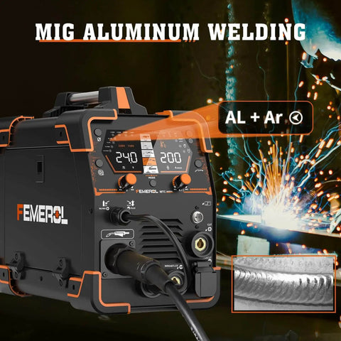 All In One 6 In 1 Welding Machine For Home DIY Pros Gas MIG Flux MIG Plasma Cut HF TIG Stick And Spot Weld 110 220V Dual Voltage Aluminum Welder in use showing welding sparks.