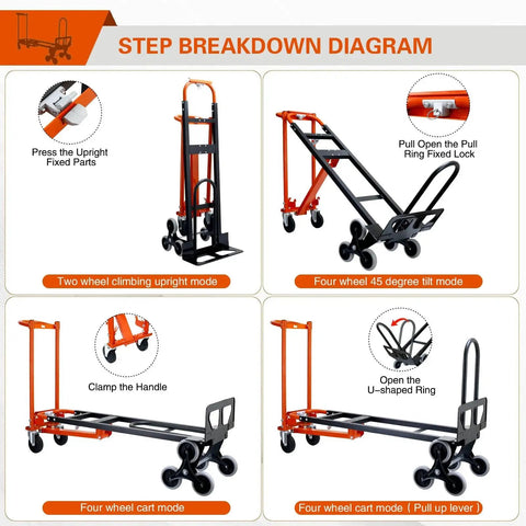 Diagram showing Three In One Industrial Convertible Hand Truck With 1000 Lbs Capacity in two-wheel, four-wheel tilt, and four-wheel modes.