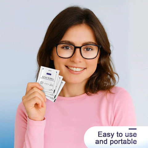 Woman holding Lens Wipes For Glasses Cameras And Screens 200 Count Streak Free Ammonia Free packets