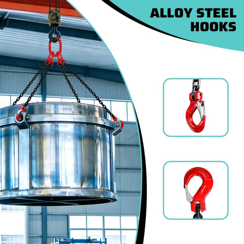 SENKEYFE 3-ton four-leg chain sling with 1/4 in x 5 ft chains and red alloy steel hooks lifting a metal drum.