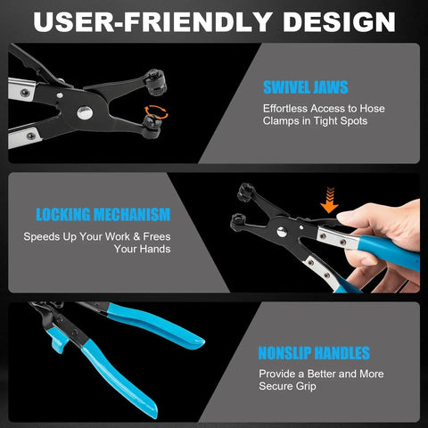 Diagram showing features of 9 Piece Hose Clamp Pliers Set With Long Reach Flexible Cable And Swivel Jaw, including swivel jaws and locking mechanism.