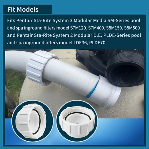 White PVC half-union adapter for pool equipment, 2-inch nominal connector with gasket.