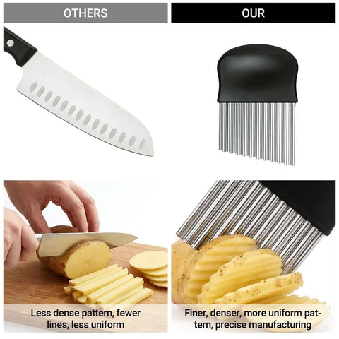 Crinkle Cut Potato Cutter And French Fry Slicer With A Durable Stainless Steel Blade For Kitchen And Cooking Delivers Uniform Ripple Style Fries And Decorative Veggie Chips Easy Grip Black 1 Piece shown slicing potatoes.