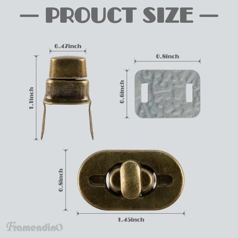 Product size details for Twist Lock Clasp Sets For Bags And Leather Projects with 12 antique bronze metal turn locks shown.