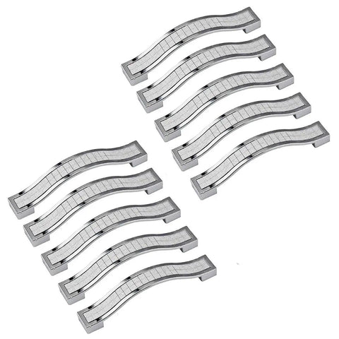 Crystal Rhinestone Cabinet Handles And Knob Pull Set in silver zinc alloy 10-pack, curved modern style, glass crystal accents visible.