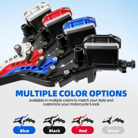 Close-up of DREAMIZER motorcycle clutch lever with hydraulic brake master cylinders in blue, red, black, and silver colors.