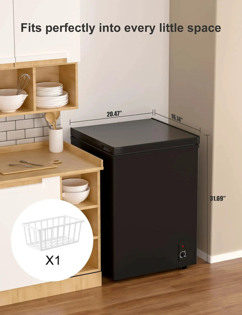 Ultra Quiet 5.0 Cu Ft Deep Freezer With Compact Design For Home And Small Shops in a kitchen corner, showing dimensions.