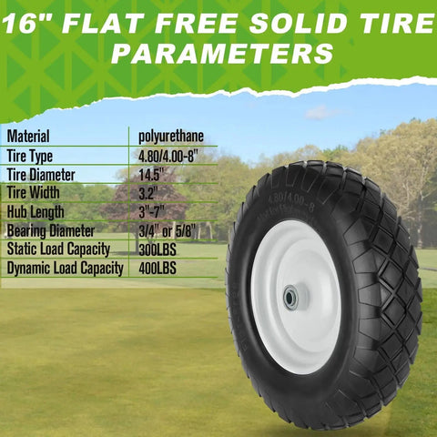 4.80 4.00 8 Flat Free Wheel And Tire For Wheelbarrows 16 Inch Solid Wheel Heavy Duty with size and material details