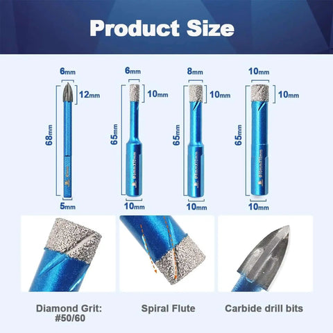9 Piece Dry Diamond Drill Bits Set Pro Grade For Glass Ceramic Tile Granite Quartz Stone 6mm To 12mm Core Drill Kit Dry Drilling Bits