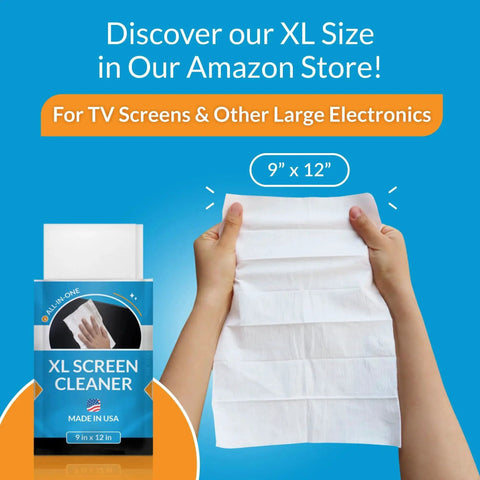 Person holding XL screen cleaner wipe, 9 x 12 inches, for large electronics. Electronics Screen Wipes Lint Free Streak Free Fast Dry Deionized Water IPA.