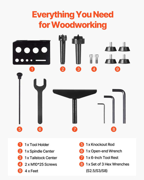 Benchtop Wood Lathe With 1 HP Motor accessory kit, including tool holder, spindle center, knockout rod, and hex wrenches.