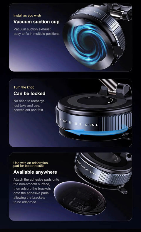 360 Degree Vacuum Suction Car Phone Mount With Magnetic Adjustable Dashboard Stand showing vacuum suction and lock mechanism