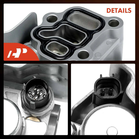 VTEC Solenoid Spool Valve Assembly With Oil Pressure Switch And Gasket For Acura And Honda 2.0L 2.4L Engines Fits RSX Accord Civic CR-V Element Replacement 15810-PNE-G01 15810-PPA-A01 close-up details.