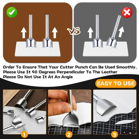 Illustration showing correct and incorrect use of Nine Size Leather Punch Set With Half Round Punch And Leather Corner Punch Strap Cutter And Crafting Tools For DIY Belts Wallets Bags 10mm To 50mm