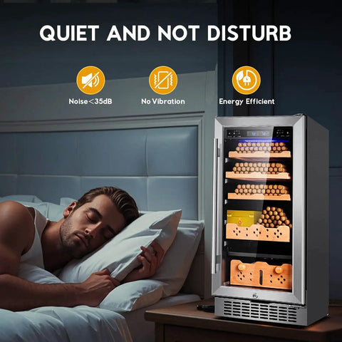 Man sleeps near Premium Cigar Humidor Cabinet With Humidity And Temperature Control, 88L Capacity And 640 Cigars, Silent Compressor, Reversible Door, Spanish Cedar Drawer Shelves, Low E Glass, Sweet Gift For Men For Serious Cigar Lovers