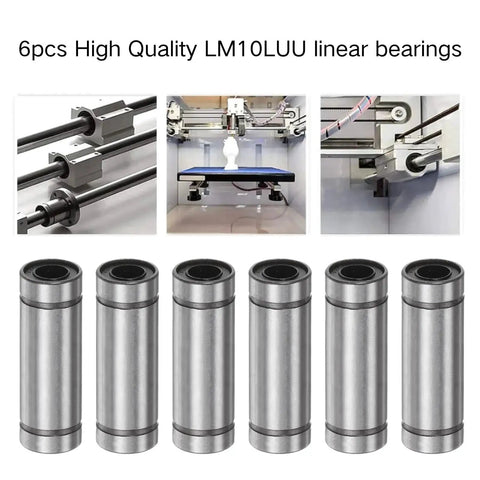 LM10LUU Linear Ball Bearings 6 Piece Set with 10mm bore, 55mm length, 19mm OD, shown with CNC and 3D printer applications