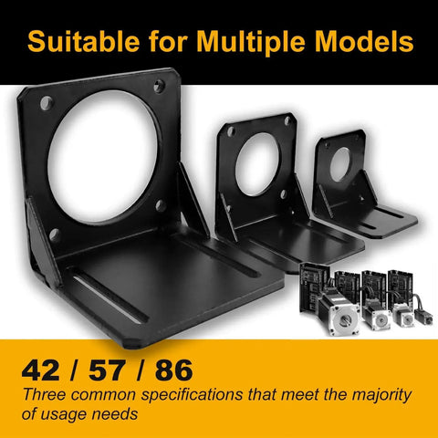 Nema 23 Stepper Motor Mounting Bracket Set Two Pack Alloy Steel L Shaped Fixed Mounts For High Precision Geared Motors Includes Screws And Nuts 57mm Beefed Up Industrial Grade Mounting Solution For Stable Accurate Motion And Easy Assembly displayed with other sizes, suitable for multiple models, showing three bracket sizes 42, 57, 86 next to motors and electronic components, black metal brackets on a white background.