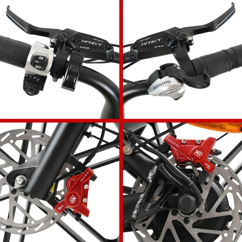 Set of two red four-piston hydraulic e-bike brakes with 180mm rotors, mounted on front fork and rear frame.